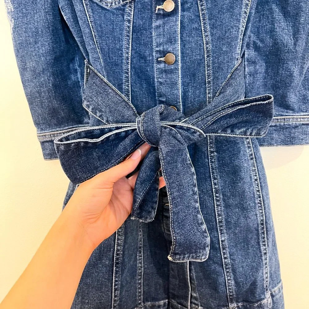 Retrofete Jaime Denim Button Down Quarter Sleeve Tie Waist Distressed Mini Dress - Picture 11 of 12